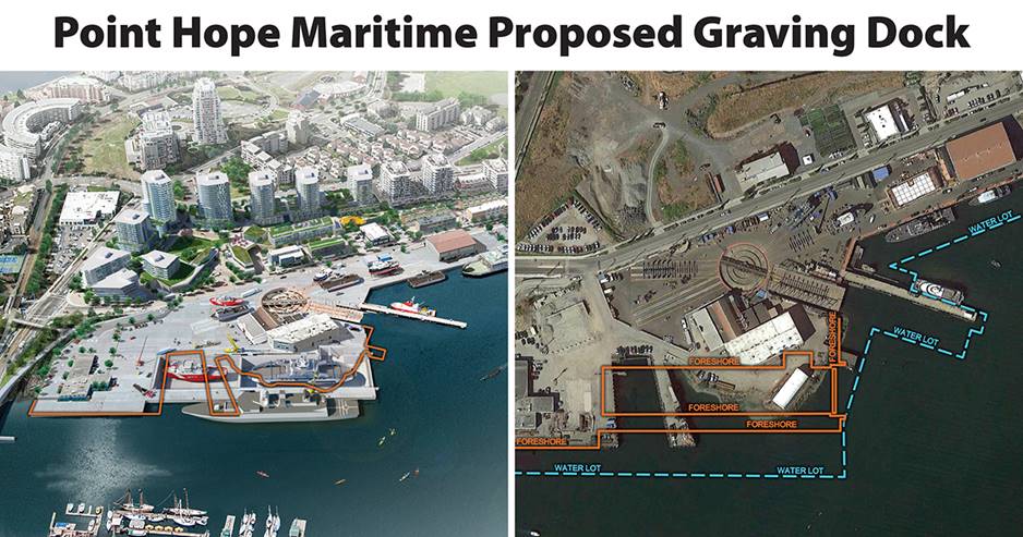Left: Future graving dock with existing shipyard overlayed in orange. Right: Current state of the shipyard with proposed graving dock site overlayed in orange.